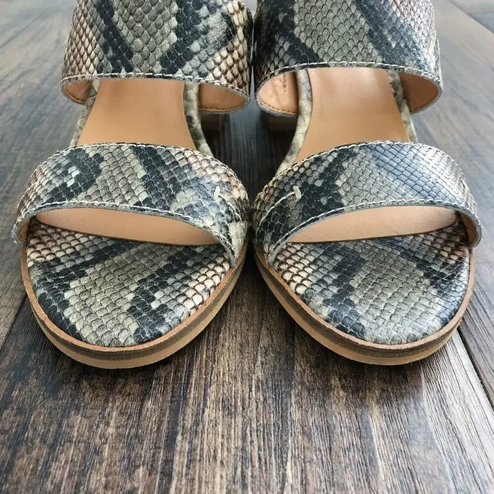 Frye & Co Ankle Strap Leather Sandal Block Heel Snakeskin Size 8.5 Gray Brown